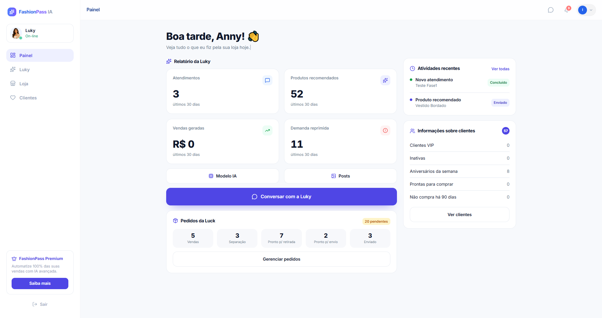 Painel real da Luky com relatório de atendimentos, produtos recomendados e pedidos
